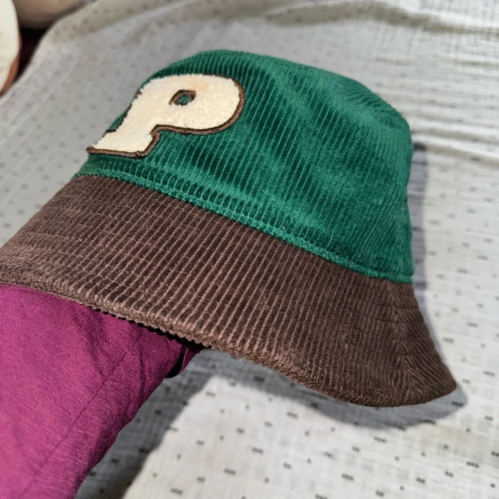 Zara Green and Brown Corduroy Bucket Hat with Patch
